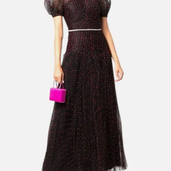 Self-Portrait Black Red Polka Dot Tulle Maxi Dress S $625
