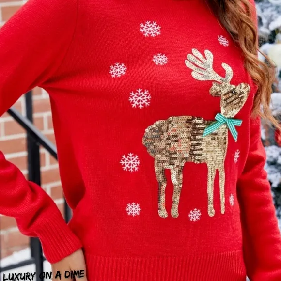 Sequin Reindeer Knit Embroidered Top Long Sleeve Shirt Holiday Sweater Bling