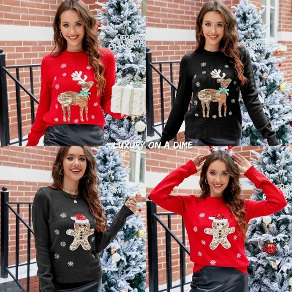 Sequin Reindeer Knit Embroidered Top Long Sleeve Shirt Holiday Sweater Bling