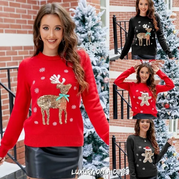 Sequin Reindeer Knit Embroidered Top Long Sleeve Shirt Holiday Sweater Bling