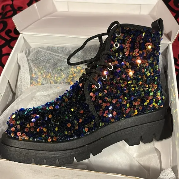 Sequin Studded Mid Heel Tie Up Combat Boots