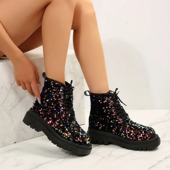 Sequin Studded Mid Heel Tie Up Combat Boots