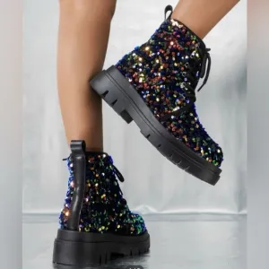 Sequin Studded Mid Heel Tie Up Combat Boots