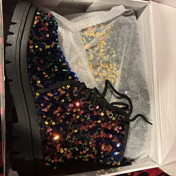 Sequin Studded Mid Heel Tie Up Combat Boots