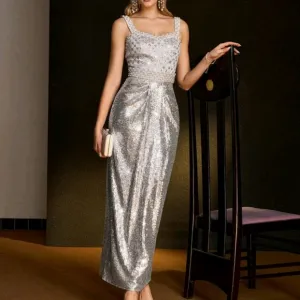 SEQUINS AND FAUX PEARL DETAIL RUCHED FRONT SLIM FIT LONG DRESS