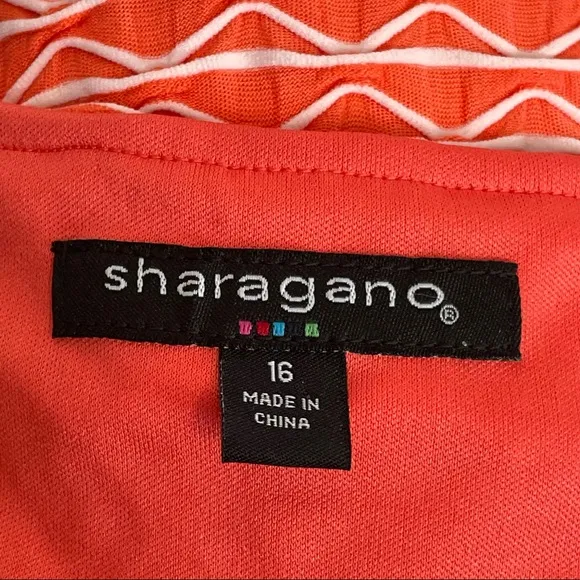 SHARAGANO Belted Knit A-Line Dress Orange and Ivory Size 16