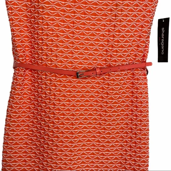 SHARAGANO Belted Knit A-Line Dress Orange and Ivory Size 16