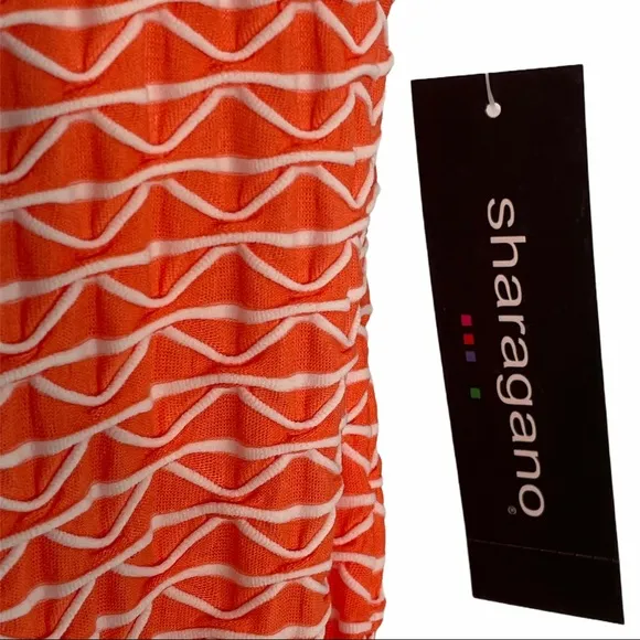 SHARAGANO Belted Knit A-Line Dress Orange and Ivory Size 16