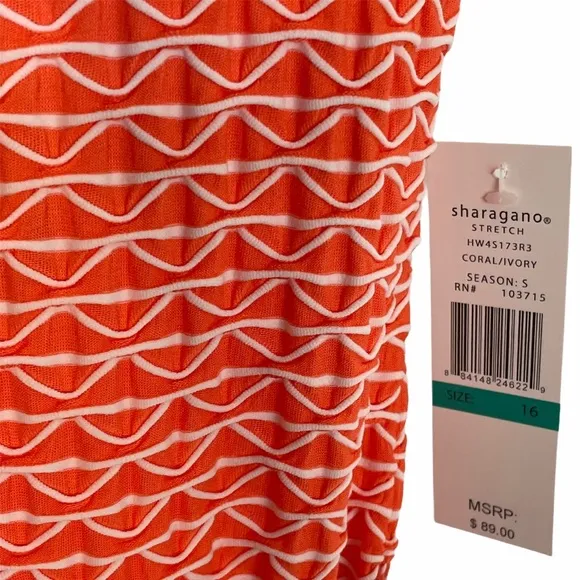 SHARAGANO Belted Knit A-Line Dress Orange and Ivory Size 16