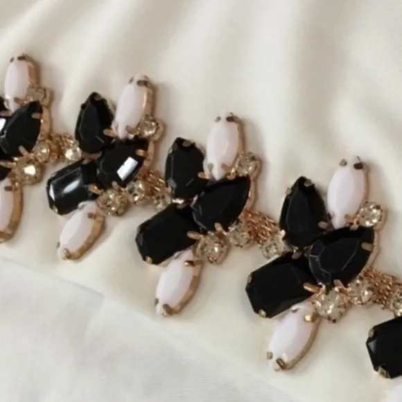 Sheri Bodell Size Small White Dress with Black Gemstones Neckline Trim