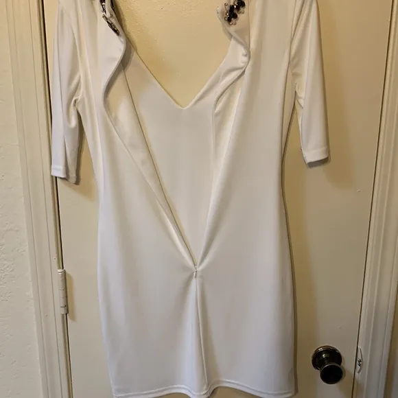 Sheri Bodell Size Small White Dress with Black Gemstones Neckline Trim