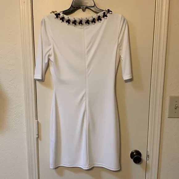 Sheri Bodell Size Small White Dress with Black Gemstones Neckline Trim