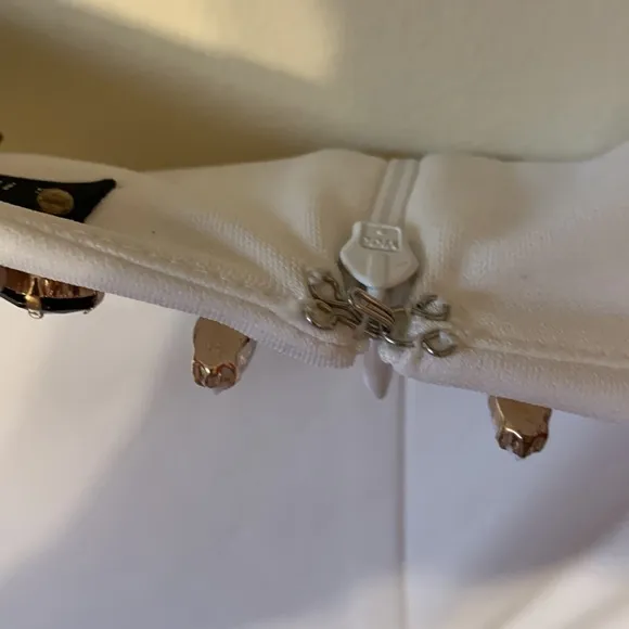 Sheri Bodell Size Small White Dress with Black Gemstones Neckline Trim