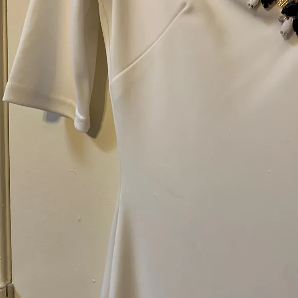 Sheri Bodell Size Small White Dress with Black Gemstones Neckline Trim