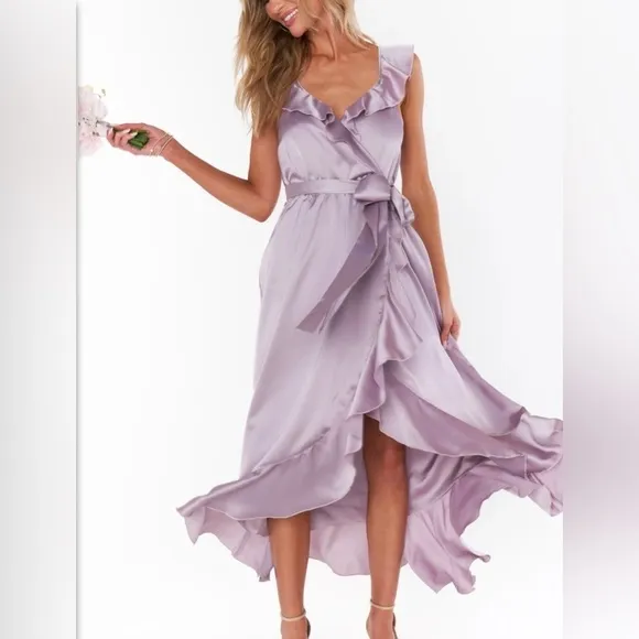 Show Me Your MuMU Samantha Ruffle Wrap Dress Dusty Purple Luxe Satin -Size Small