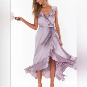 Show Me Your MuMU Samantha Ruffle Wrap Dress Dusty Purple Luxe Satin -Size Small