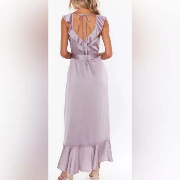Show Me Your MuMU Samantha Ruffle Wrap Dress Dusty Purple Luxe Satin -Size Small