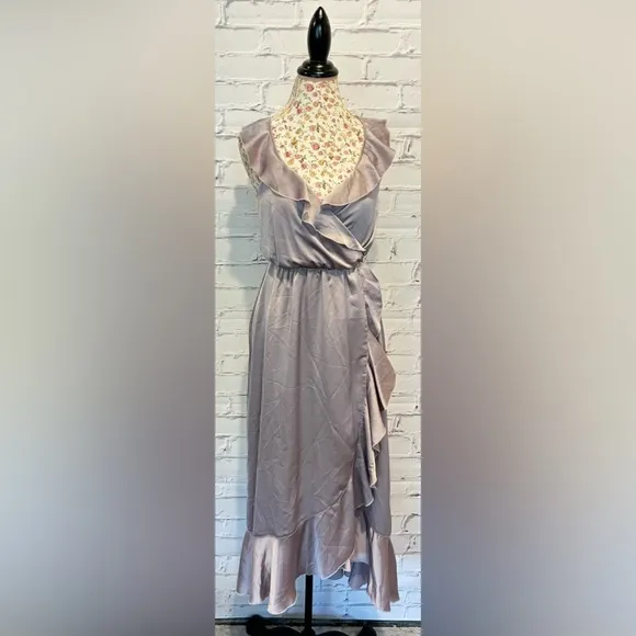 Show Me Your MuMU Samantha Ruffle Wrap Dress Dusty Purple Luxe Satin -Size Small