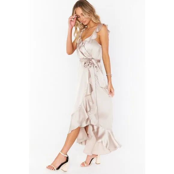 Show Me Your Mumu Samantha Ruffle Wrap Dress Show Me The Ring Luxe Satin S NWT