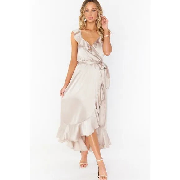 Show Me Your Mumu Samantha Ruffle Wrap Dress Show Me The Ring Luxe Satin S NWT