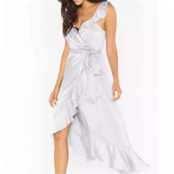 Show Me Your Mumu Samantha Ruffle Wrap Dress Silver Luxe Satin Size 2X NWT