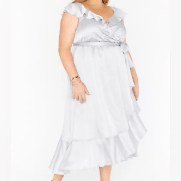 Show Me Your Mumu Samantha Ruffle Wrap Dress Silver Luxe Satin Size 2X NWT