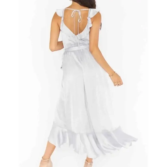 Show Me Your Mumu Samantha Ruffle Wrap Dress Silver Luxe Satin Size 2X NWT