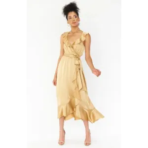 Show Me Your MuMu Womens Samantha Ruffle Wrap Dress True Gold Luxe Satin‎ Medium