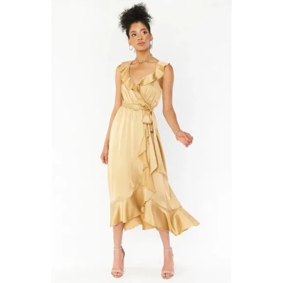 Show Me Your MuMu Womens Samantha Ruffle Wrap Dress True Gold Luxe Satin‎ Medium