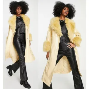💥SHOWSTOPPER💥Glossy Patent Leather Coat with Oversized Collar and Cuffs in Tan