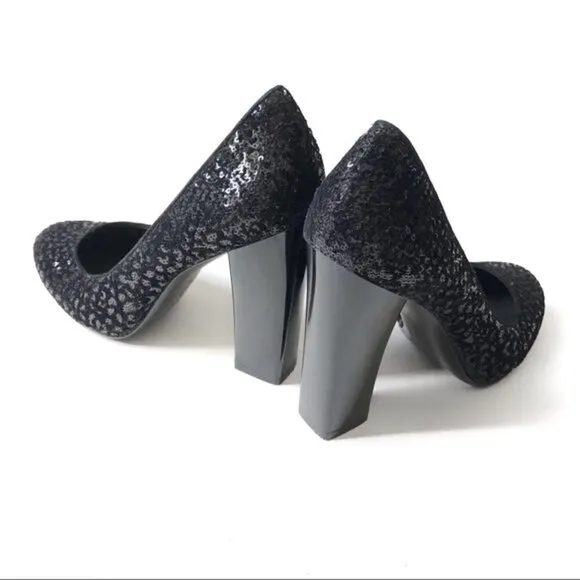 𝅺sigerson Morrison Black Pumps Shoes Genuine Suede &amp; Sequins Block High Heels 9