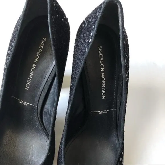 𝅺sigerson Morrison Black Pumps Shoes Genuine Suede &amp; Sequins Block High Heels 9
