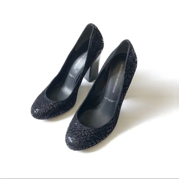 𝅺sigerson Morrison Black Pumps Shoes Genuine Suede &amp; Sequins Block High Heels 9