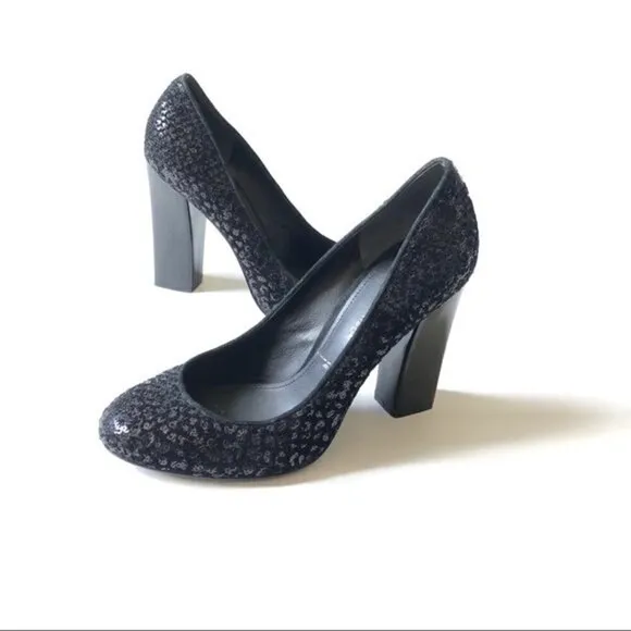 𝅺sigerson Morrison Black Pumps Shoes Genuine Suede &amp; Sequins Block High Heels 9