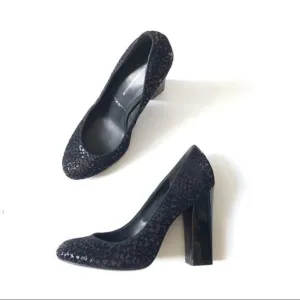 𝅺sigerson Morrison Black Pumps Shoes Genuine Suede &amp; Sequins Block High Heels 9