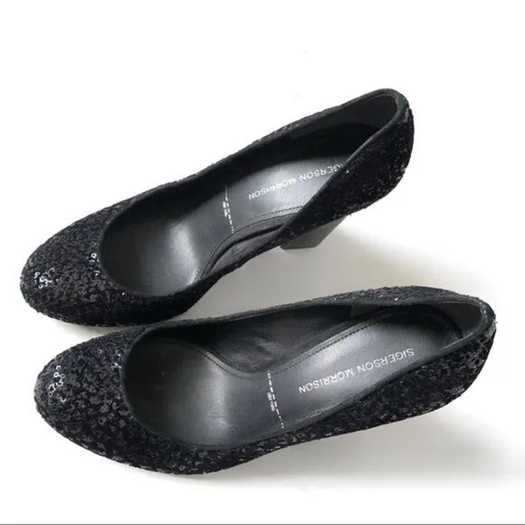 𝅺sigerson Morrison Black Pumps Shoes Genuine Suede &amp; Sequins Block High Heels 9
