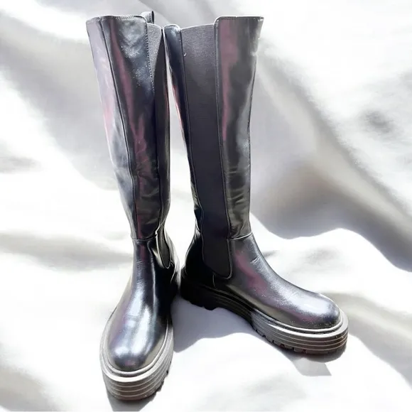 Size 10..……Black Knee High Boots with Side Elastic Style.  New……Azalea Wang