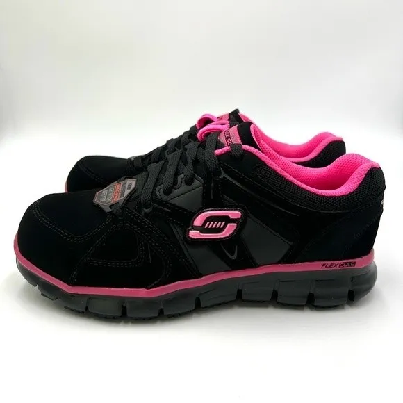 Skechers Womens Synergy Sandlot Alloy Toe Black Pink Work Safety Shoes Size 6.5