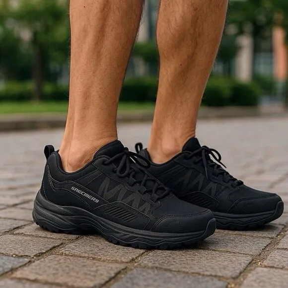 Skechers Work Shoe Mens Size 10 Relaxed Fit Fannter Black Leather Slip Resistant