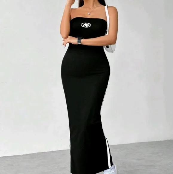 Slim Fit Color Block Strapless Dress With Side Contrast Panels Maxi