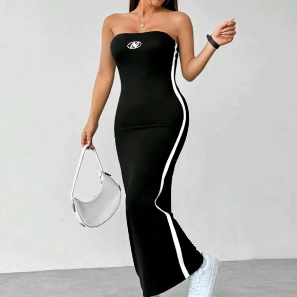 Slim Fit Color Block Strapless Dress With Side Contrast Panels Maxi