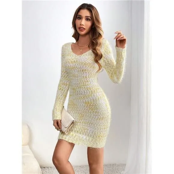 Slim Fit V-Neck Long Sleeve Sweater Dress