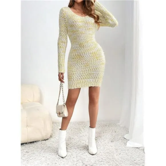 Slim Fit V-Neck Long Sleeve Sweater Dress