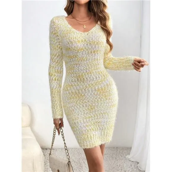 Slim Fit V-Neck Long Sleeve Sweater Dress