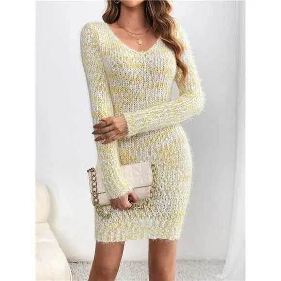 Slim Fit V-Neck Long Sleeve Sweater Dress