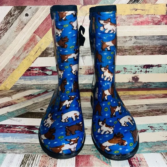 Sloggers Women's NWT Garden &amp; Rain Boots, Country Collection Sky Blue Goats SZ 8