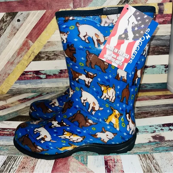 Sloggers Women's NWT Garden &amp; Rain Boots, Country Collection Sky Blue Goats SZ 8