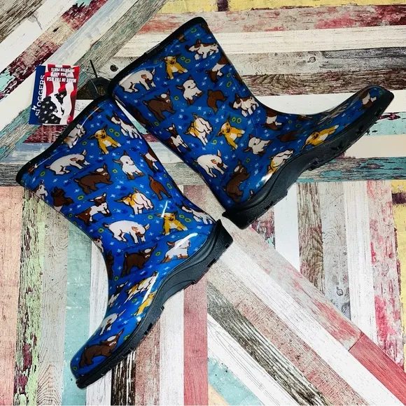 Sloggers Women's NWT Garden &amp; Rain Boots, Country Collection Sky Blue Goats SZ 8