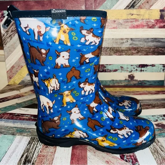 Sloggers Women's NWT Garden &amp; Rain Boots, Country Collection Sky Blue Goats SZ 8