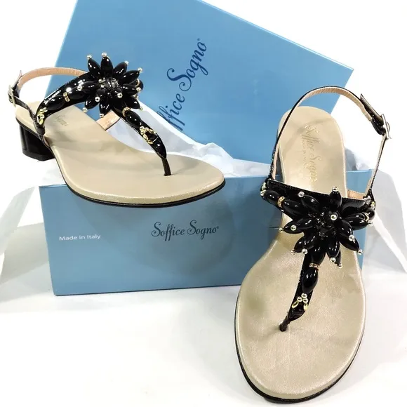 SOFFICE SOGNO 🇮🇹 WOMEN'S BLACK SOFT PATENT LEATHER COMFORT SUMMER SANDALS